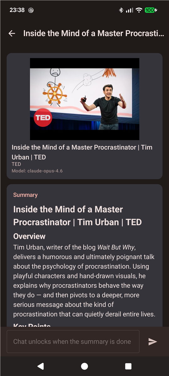 YT-Summarizer Android app showing a video summary